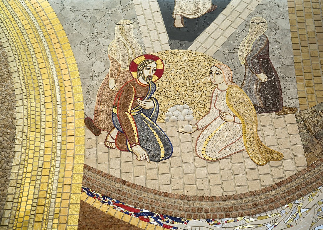 A mosaic by Father Marko Rupnik illustrating the Gospel story of Jesus' encounter with the woman caught in adultery is pictured in a file photo at the St. John Paul II National Shrine in Washington.  The Knights of Columbus announced July 11, 2024, it will cover mosaics by ex-Jesuit Father Mark Rupnik at the St. John Paul II National Shrine in Washington and the Holy Family Chapel at the Knights' headquarters in New Haven, Conn. (OSV News photo/CNS file, Tyler Orsburn).