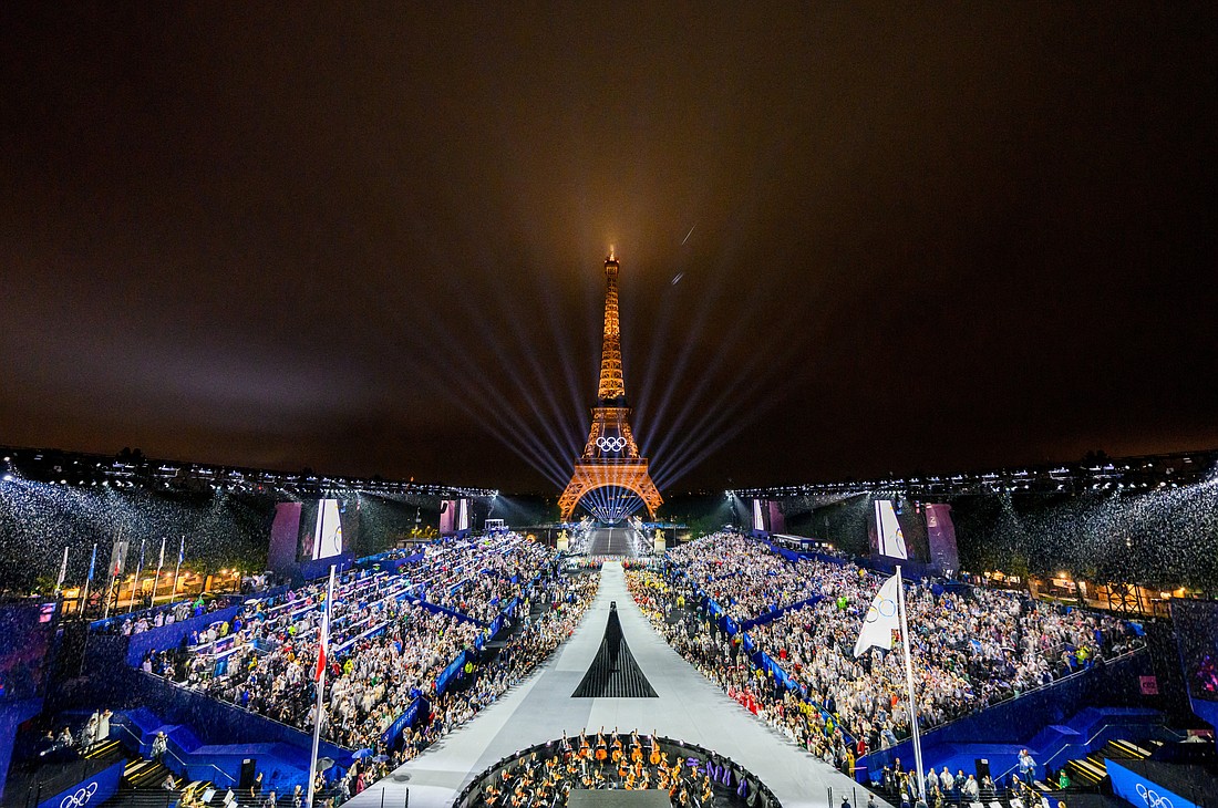 The Trocadero venue is seen, with the Eiffel Tower looming in the background, as the Olympic flag is raised July 26, during the opening ceremony of the Paris 2024 Olympic Games. (OSV News photo/Francois-Xavier Marit, Reuters)