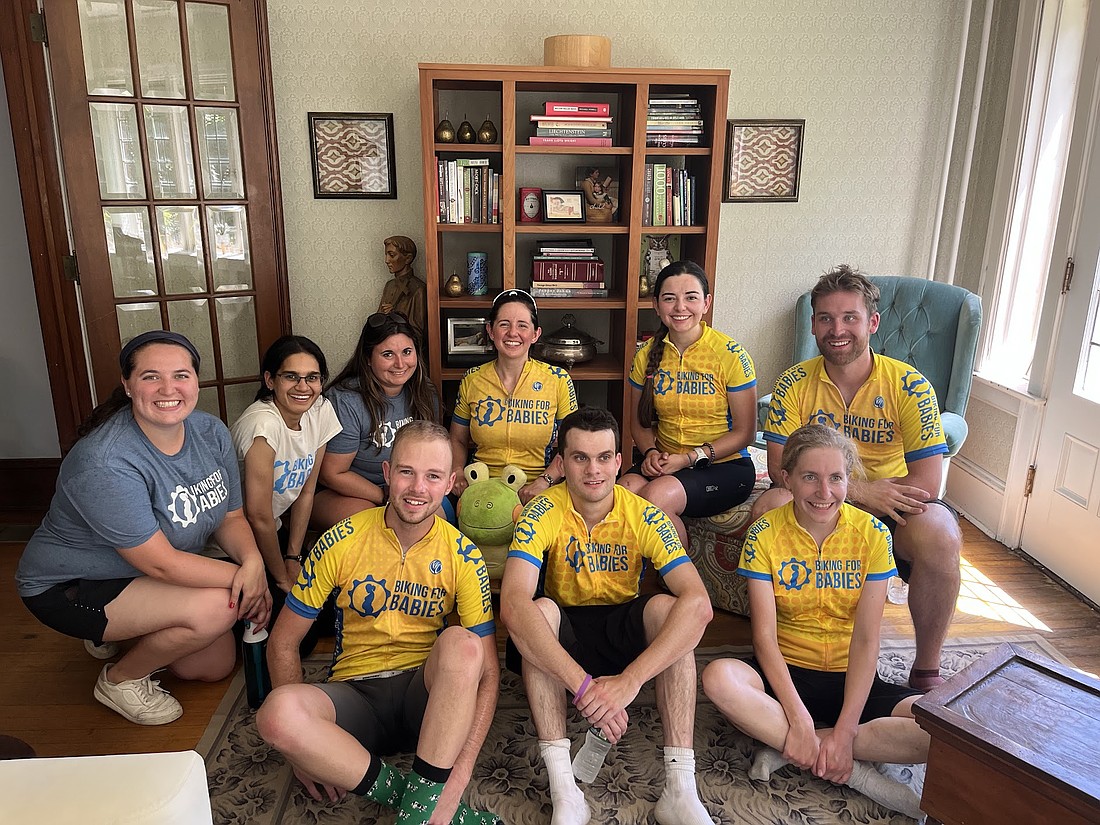 The Biking for Babies New York Team poses for a group shot at the first rest stop of their over 400 miles biking trip at New Life Maternity Home in Hudson. (Provided photo)
