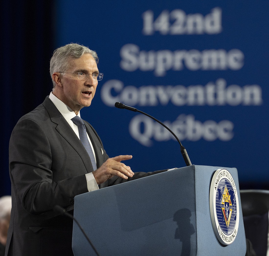 Supreme Knight Patrick Kelly delivers his annual report at the opening business session of the Knights of Columbus 142nd Supreme Convention in Quebec City Aug. 6, 2024. (OSV News photo/Matthew Barrick, Knights of Columbus)