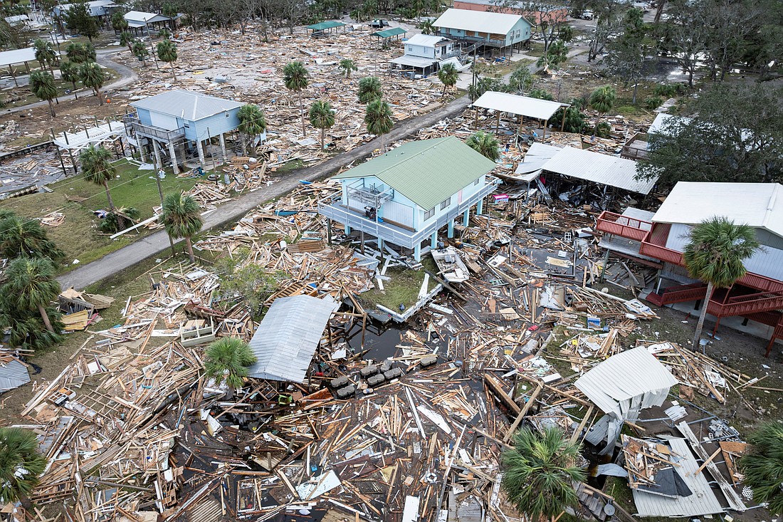 A drone view shows debris surrounding some homes left standing in Horseshoe Beach, Fla., Sept. 28, 2024, after Hurricane Helene swept through the area. Helene caused at least 120 deaths and billions of dollars of destruction across a wide swath of the southeastern U.S. (OSV News photo/Marco Bello, Reuters)