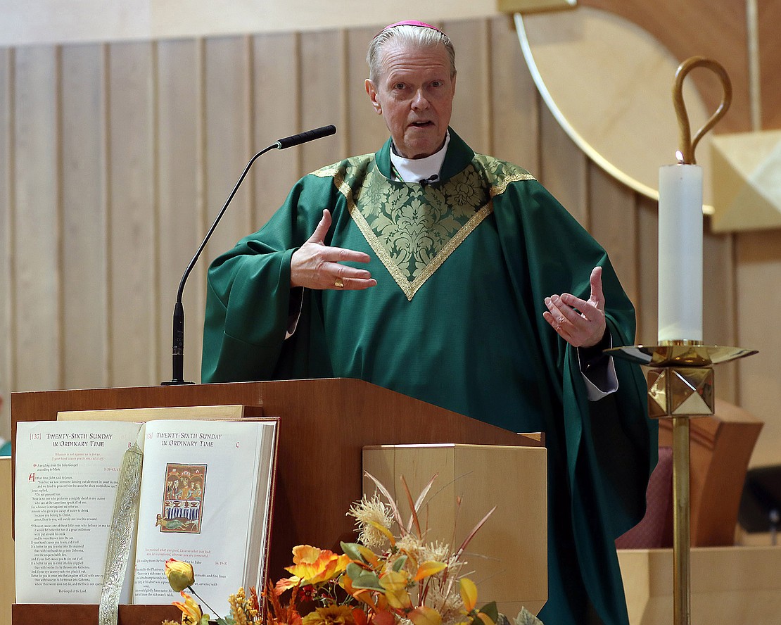 Bishop Edward Scharfenberger delivers the Homily during the 52nd Annual Diocesan Marriage Jubilee Celebration at Christ Our Light Church on Sept. 29. (Tom Killips photo)