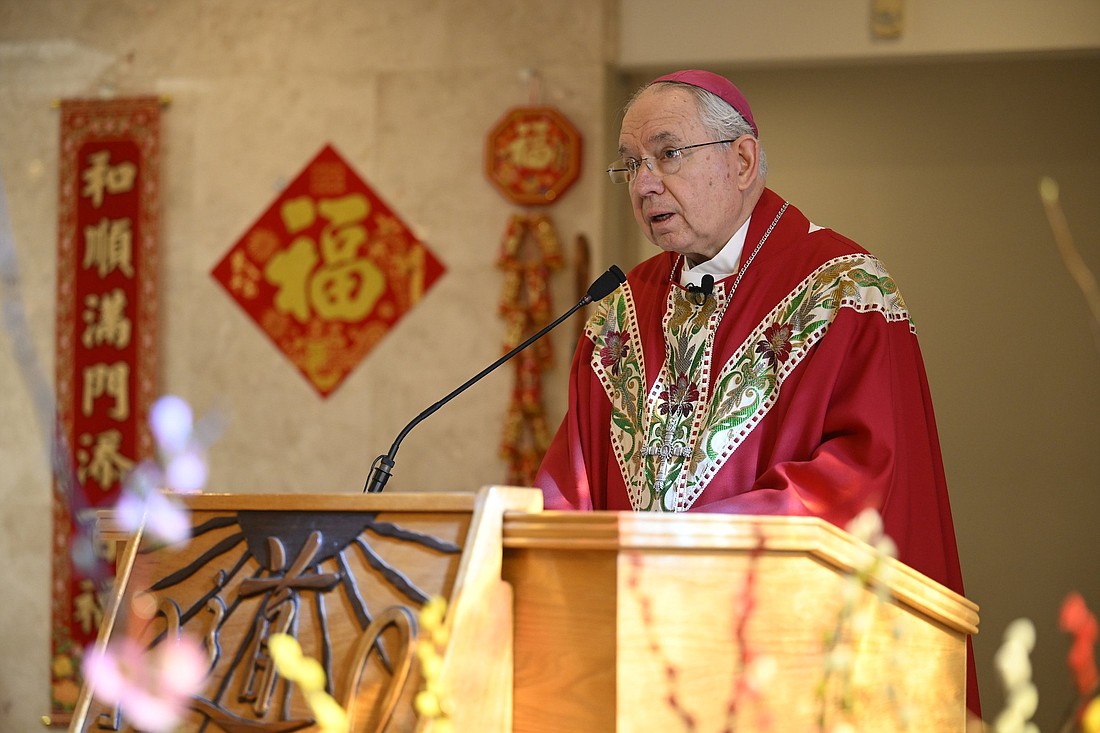 Archbishop José H. Gomez of Los Angeles delivers the homily at St. Bridget's Chinese Catholic Church near downtown Jan. 22, 2023. The Archdiocese of Los Angeles announced Oct 16, 2024, that it reached an agreement in principle worth $880 million to compensate more than a thousand decades-old claims of childhood sexual abuse. (OSV News photo/John McCoy, Angelus News).