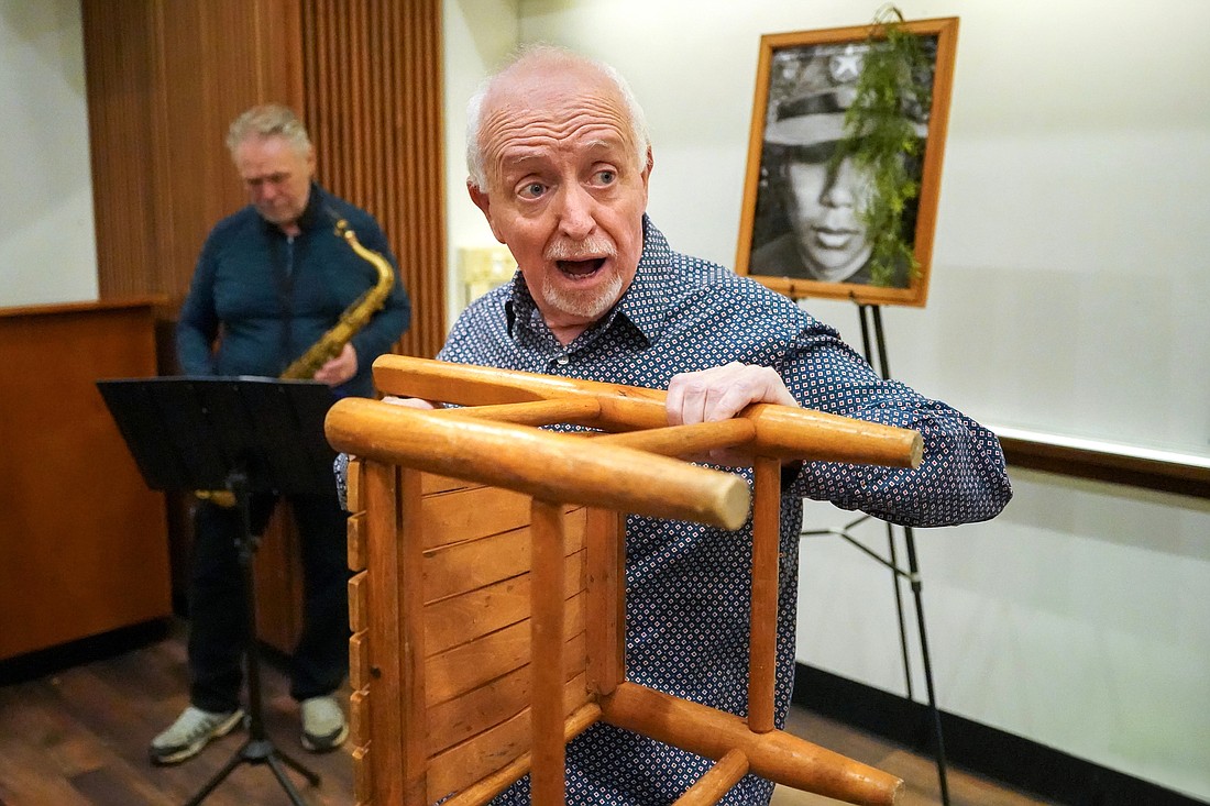 Writer and actor Patrick Sandford rehearses “Groomed” with saxophone player Marcus Benoit before their performance on Sunday, Oct. 20, 2024, at Siena College in Loudonville, N.Y. The play addresses child sexual abuse.  Cindy Schultz for The Evangelist