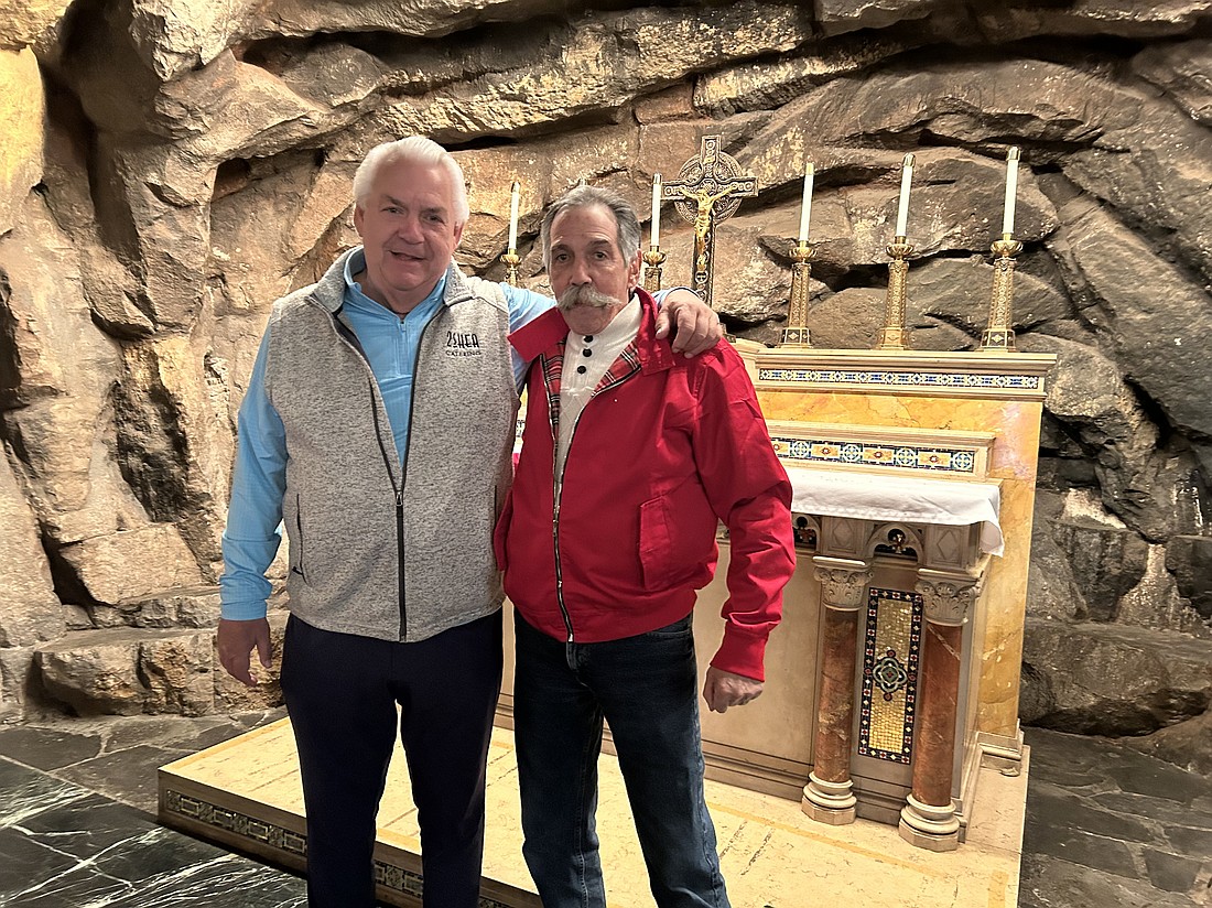 Edward Shea (l.) and Peter Bishop, both graduates of Vincentian Institute, are running a fundraiser Nov. 10 for the famed V.I. Grotto of Our Lady of Lourdes. (Mike Matvey photo)