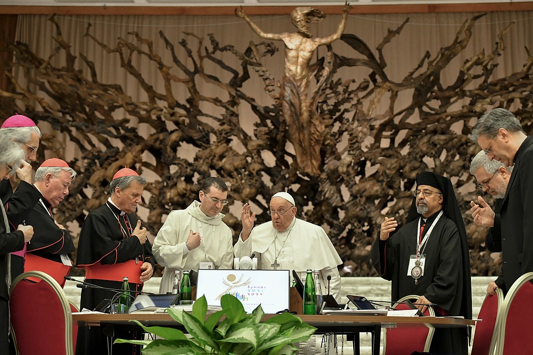 Pope Francis gives his blessing to members of the Synod of Bishops on synodality after the synod's final working session Oct. 26, 2024, in the Paul VI Audience Hall at the Vatican. (CNS photo/Vatican Media)