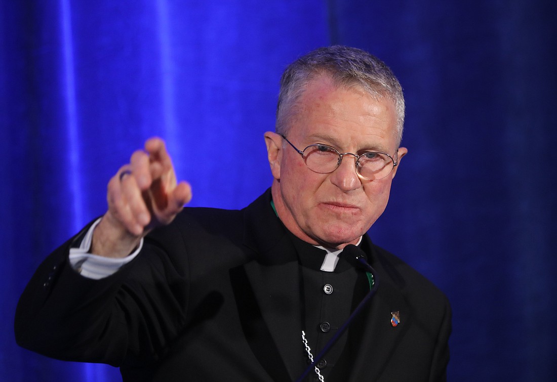 Archbishop Timothy P. Broglio of the U.S. Archdiocese for the Military Services, president of the U.S. Conference of Catholic Bishops, speaks during a news conference at a Nov. 14, 2023, session of the bishops' fall general assembly in Baltimore. Archbishop Broglio issued a USCCB statement Nov. 6, 2024, calling for prayer and unity following the results of the presidential election. (OSV News photo/Bob Roller)