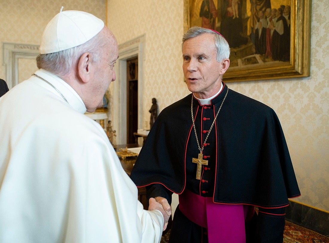 Pope Francis greets Bishop Joseph E. Strickland of Tyler, Texas, during a Jan. 20, 2020, meeting with U.S. bishops from Arkansas, Oklahoma and Texas during their "ad limina" visits to the Vatican. (OSV News photo/Vatican Media)