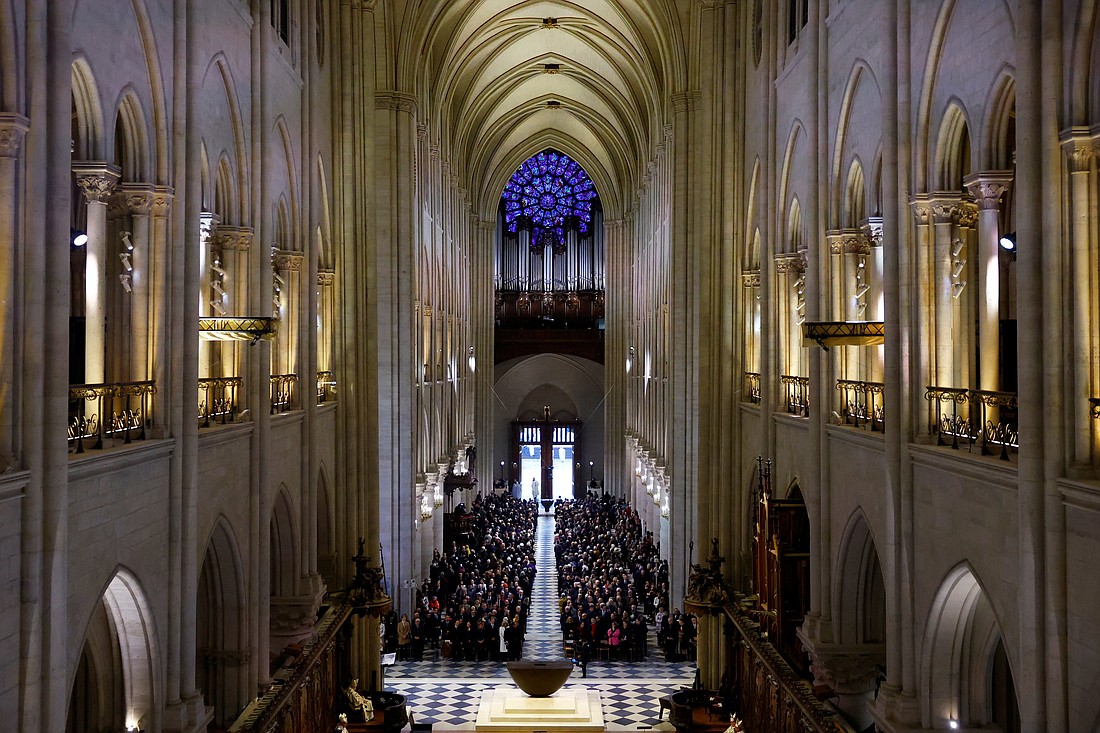 View of the nave during the inaugural Mass, with the consecration of the main altar, at Notre Dame Cathedral, five-and-a-half years after a fire ravaged the Gothic masterpiece, as part of ceremonies to mark the cathedral's reopening after its restoration, in Paris, Dec. 8, 2024. (OSV News photo/Sarah Meyssonnier, Reuters)