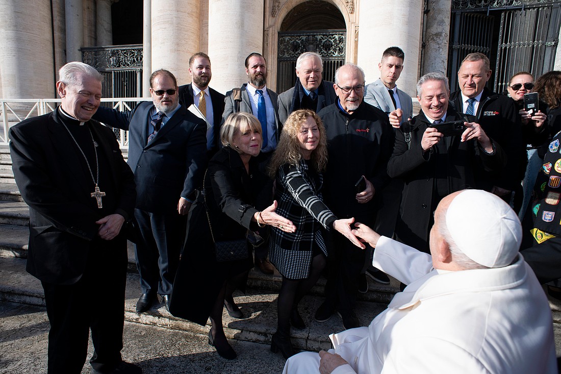 Bishop Edward B. Scharfenberger and a diverse group of 12 mission-focused pilgrims recently had an audience with Pope Francis in Rome and discussed with the Dicastery for the Promotion of Integral Human Development their common vision for personal and parish renewal called “Hope from the Margins.” (Photo courtesy of Bishop Scharfenberger)