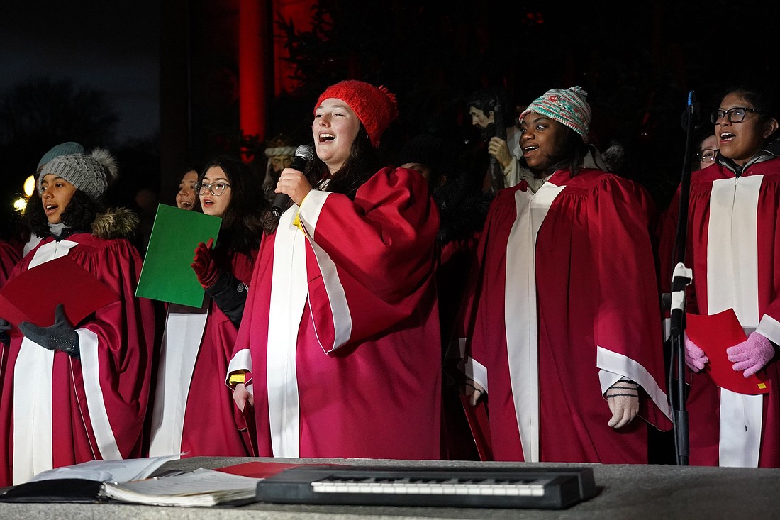 Members of the gospel choir of St. Saviour High School in Brooklyn, N.Y., sing during the Diocese of Brooklyn's annual Christmas tree-lighting ceremony at Grand Army Plaza in Brooklyn in this file photo. (OSV News photo/Gregory A. Shemitz)