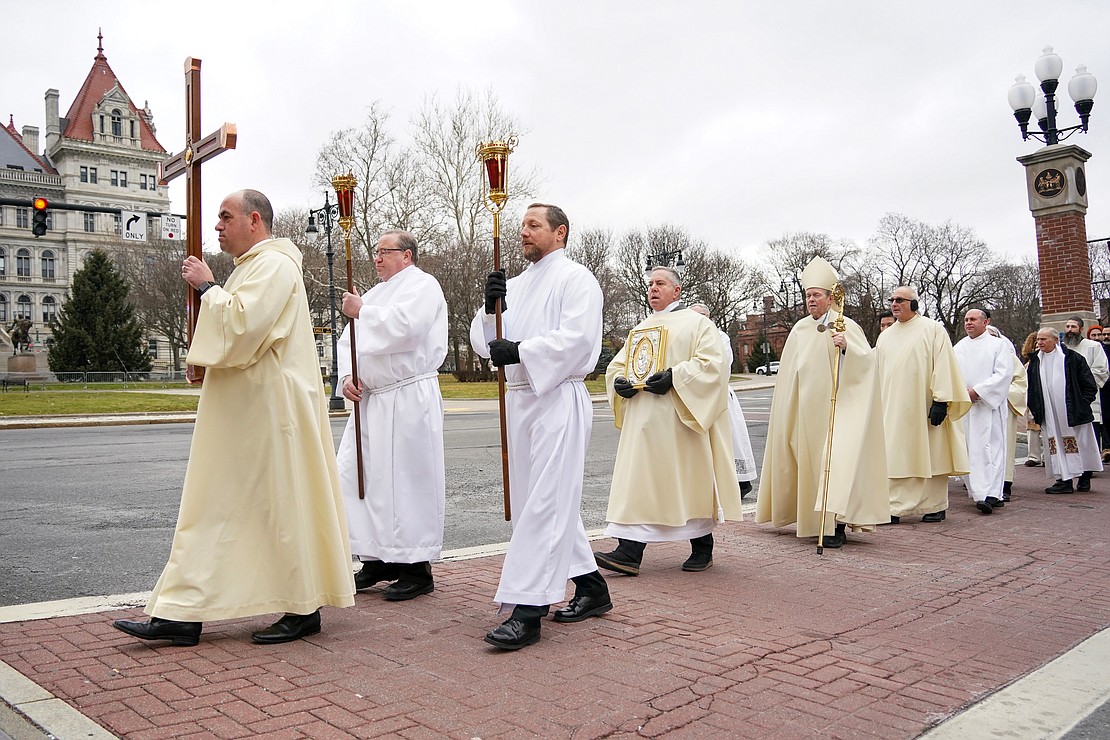 The Jubilee Year 2025 pilgrimage took place on Jan. 5 from Historic St. Mary's on Capitol Hill to the Cathedral of the Immaculate Conception in Albany. A prayer service, procession and Mass officially opened Jubilee Year 2025 in the Diocese of Albany. (Cindy Schultz photo for The Evangelist)