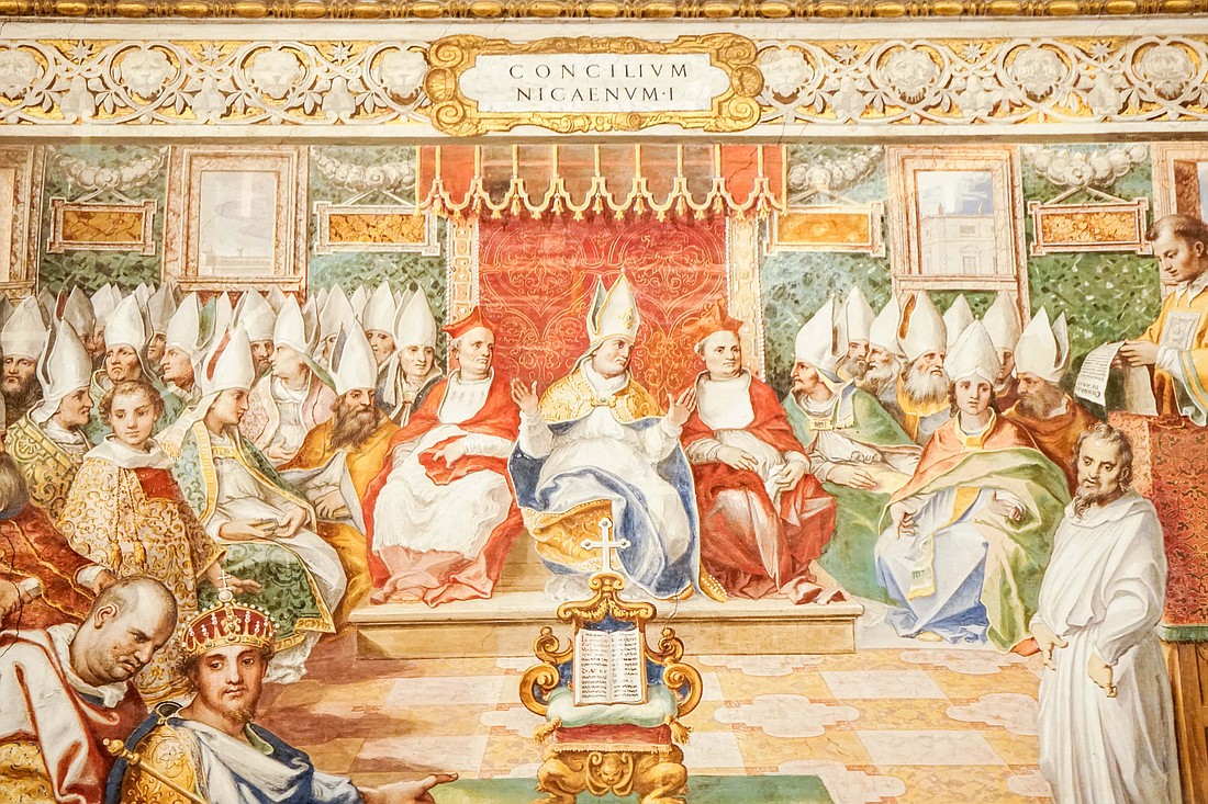 A wall fresco depicting the First Council of Nicaea can be seen in this photo taken in the Sistine hall of the Vatican Library. The theme for this year’s Week of Prayer for Christian Unity - ‘Do You Believe?’ - was chosen in recognition of the 1700th anniversary of the First Council of Nicaea (325), at which the words ‘I believe’ were chosen to anchor the Creed as an instrument of universal Christian unity. (CNS photo/Carol Glatz)