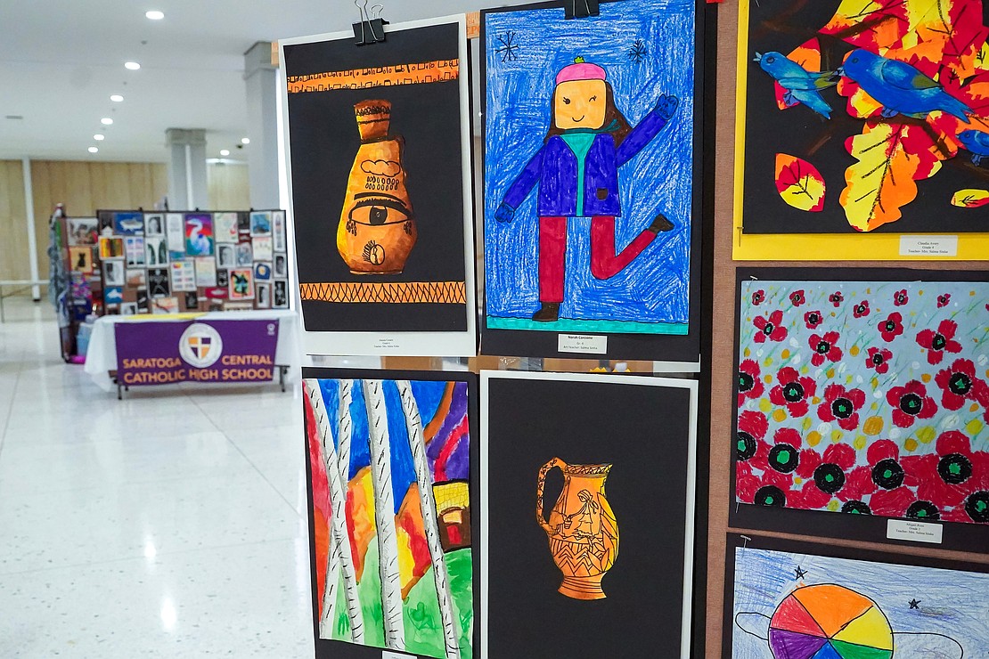 Mater Christi School students’ artwork is part of the Catholic Schools Week Art Exhibit at the Empire State Plaza South Concourse in Albany. (Cindy Schultz photo for The Evangelist)