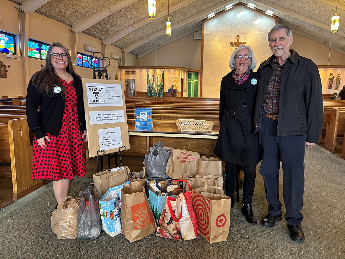 Marcia Caryofilles and Alex and Denise Buono, coordinators of the Street Soldiers group and the Kindness Matters challenge, are seen at St. Mary’s at Clinton Heights. (Photo provided)