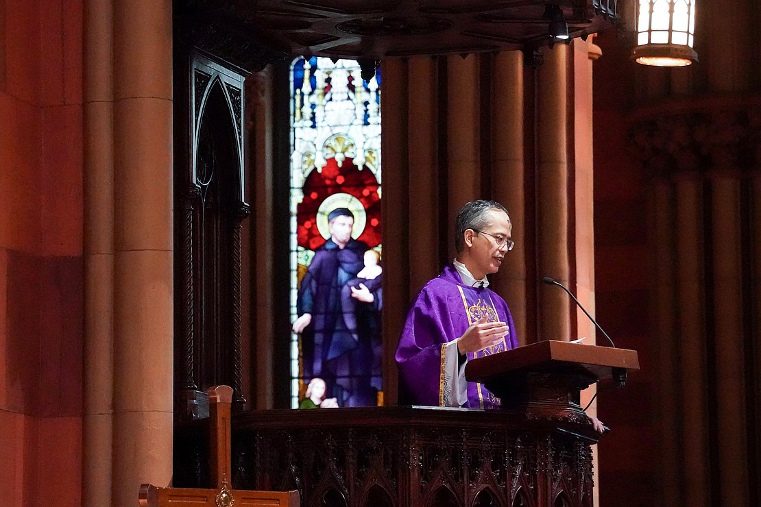 Father Rendell Torres presides over Wednesday Mass on March 5 at the Cathedral of the Immaculate Conception in Albany. (Cindy Schultz photo for The Evangelist)