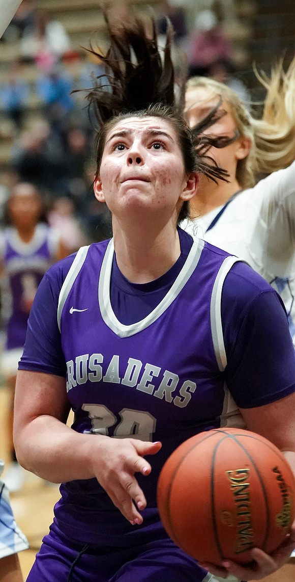 Catholic Central’s Kristen Foglia aims for the hoop during the Crusaders' Section II Class AA final basketball game on March 10 at Hudson Valley Community College in Troy. (Cindy Schultz photo for The Evangelist)