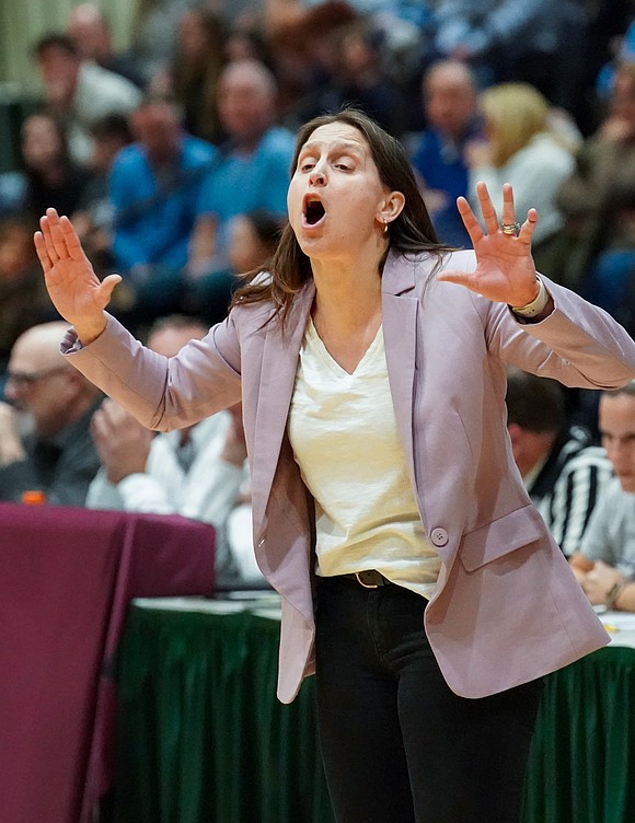 Catholic Central School head coach Audra DiBacco instructs her team during their Section II Class AA final basketball game on March 10 at Hudson Valley Community College in Troy. (Cindy Schultz photo for The Evangelist)