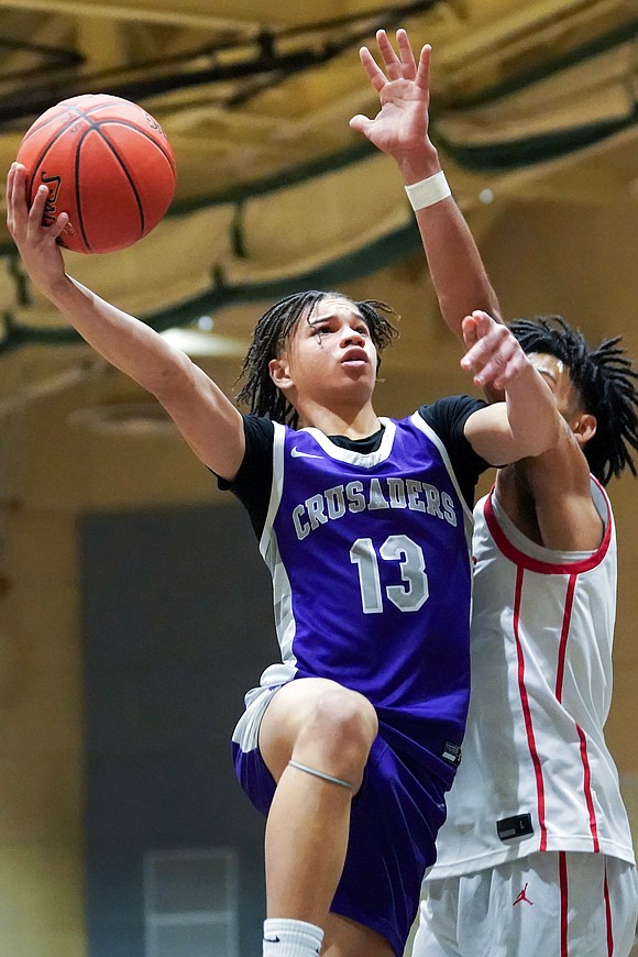 Catholic Central’s Skylar Roberson goes to the hoop during the Crusaders' Section II Class A final basketball game against Glens Falls on March 8, at Hudson Valley Community College in Troy. Glens Falls won 93-59. (Cindy Schultz photo for The Evangelist)