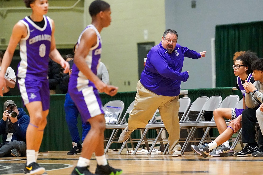 Catholic Central coach Guy DiBacco reacts to a play during the Crusaders' Section II Class A final basketball game against Glens Falls on March 8, at Hudson Valley Community College in Troy. Glens Falls won 93-59. (Cindy Schultz photo for The Evangelist)