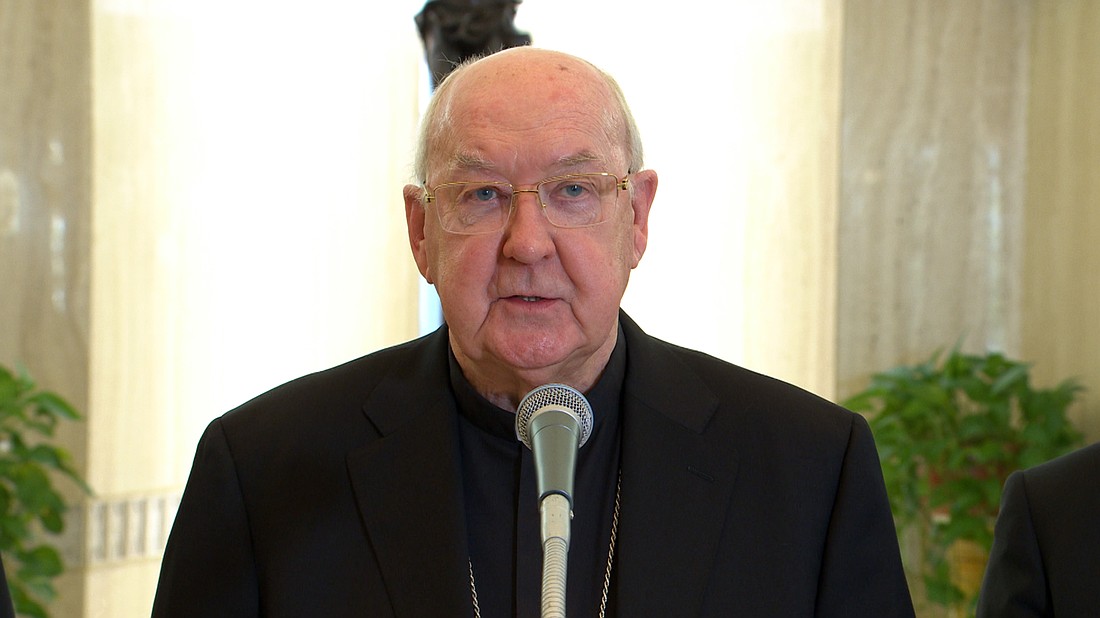 Cardinal Kevin Farrell,  "camerlengo" or chamberlain of the Holy Roman Church, announced the death of Pope Francis from the Domus Sanctae Marthae, where the pope lived, at the Vatican April 21, 2025. (CNS photo/Vatican Media)