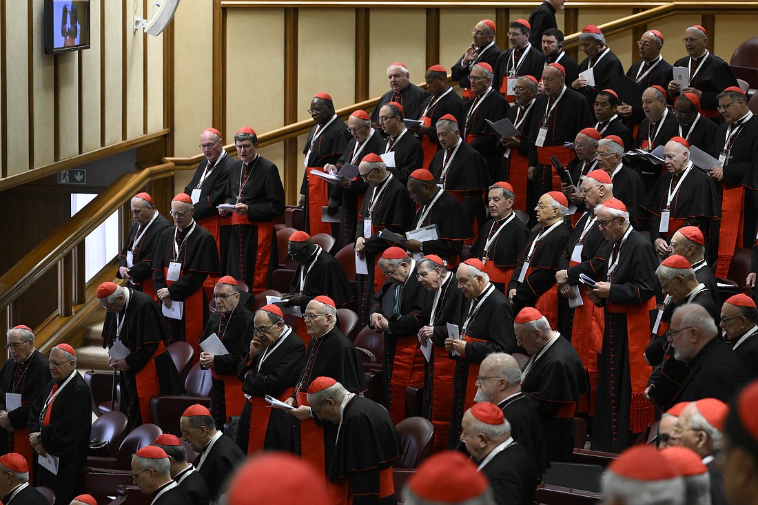 Cardinals gather in the New Synod Hall at the Vatican for their fifth general congregation meeting April 28, 2025. (CNS photo/Vatican Media)