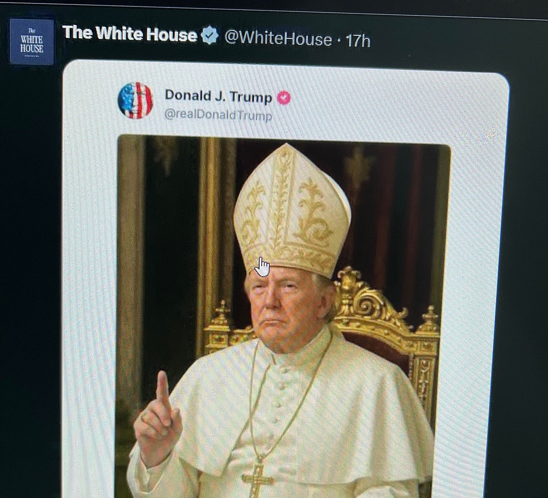 This is a screenshot of an image that President Donald Trump posted late May 2 on his website Truth Social that appeared to be created by artificial intelligence depicting himself as pope just days after making a comment to reporters that he would like to become the next pope. The image drew condemnation from some church leaders and commentators, while some defended it as a jest.