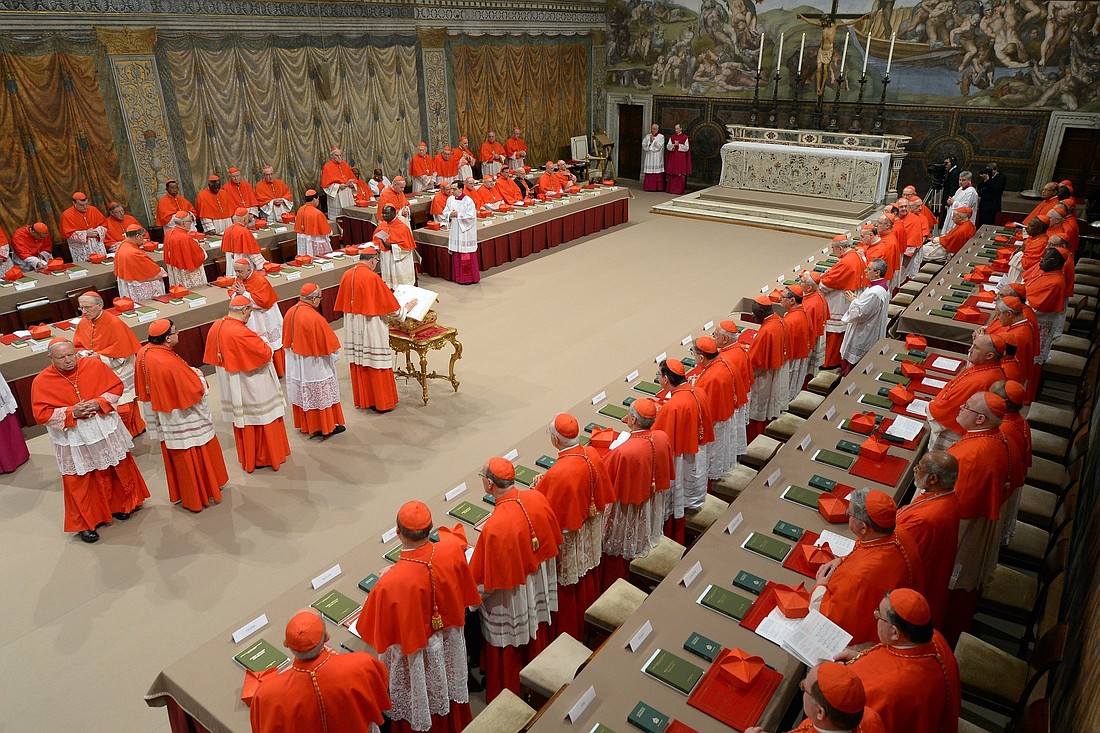 Cardinals from around the world line up in the Vatican's Sistine Chapel March 12, 2013, to take their oaths at the beginning of the conclave to elect a successor to Pope Benedict XVI. The following day, on the fifth ballot, they elected Cardinal Jorge Mario Bergoglio of Buenos Aires, Argentina, who chose the name Francis. The cardinals will again gather May 7, 2025, to elect a a successor to Pope Francis, who died April 21. (CNS photo/Vatican Media)