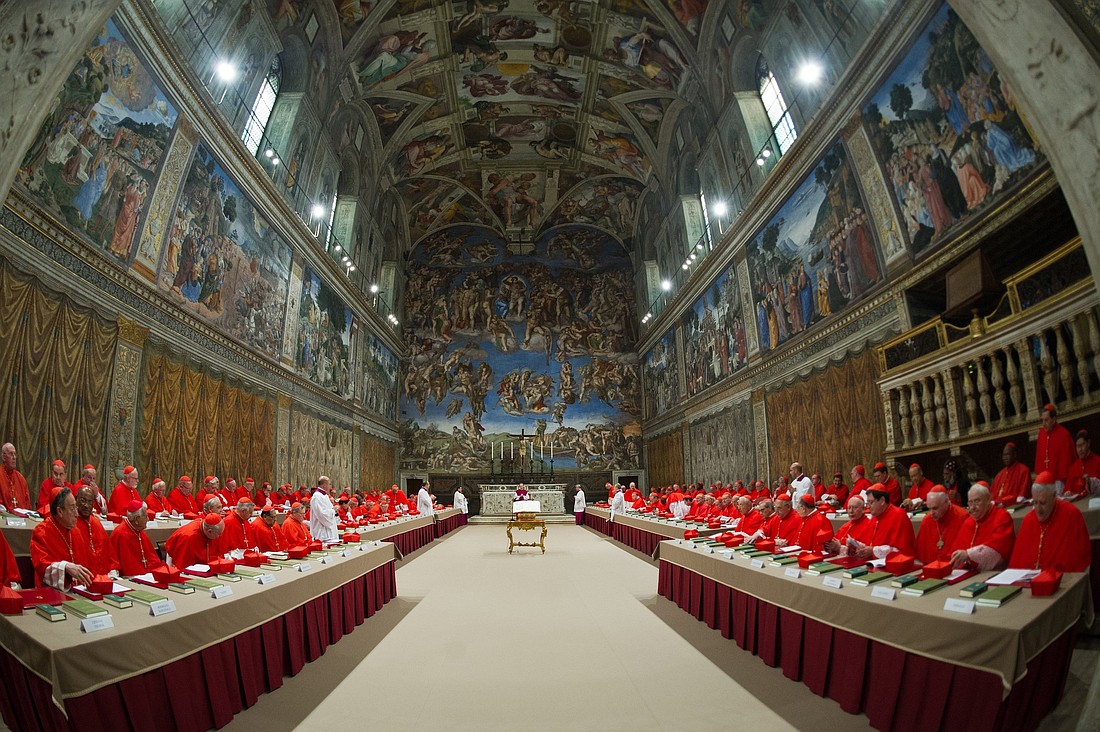 Cardinals from around the world pray in the Sistine Chapel at the Vatican March 12, 2013, before beginning the conclave to elect a successor to Pope Benedict XVI. The following day, on the fifth ballot, they elected Cardinal Jorge Mario Bergoglio of Buenos Aires, Argentina, who chose the name Francis. Experts agree that whomever the new pope is, he must balance deep faith with sharp governance. (OSV News photo)