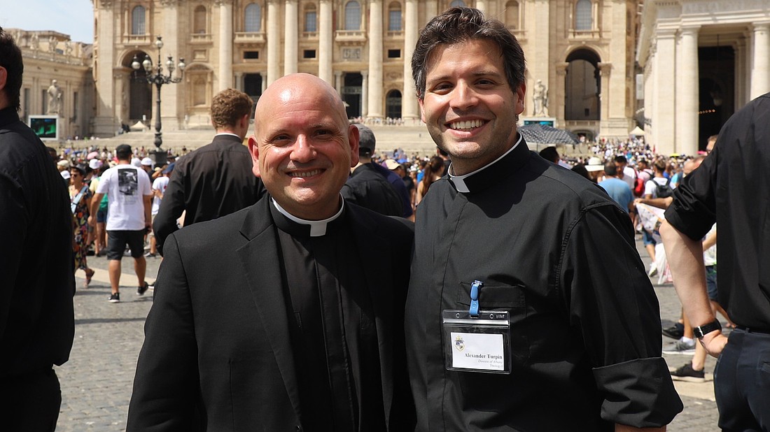 Alexander Turpin, who has continued his formation in Rome at the Pontifical North American College and the Pontifical Gregorian University since 2022, is shown with Father Anthony Ligato (l.), assistant vice rector, director of Pastoral Formation, Media and Institutional Relations, and formation advisor at Pontifical North American College. (Photo provided)