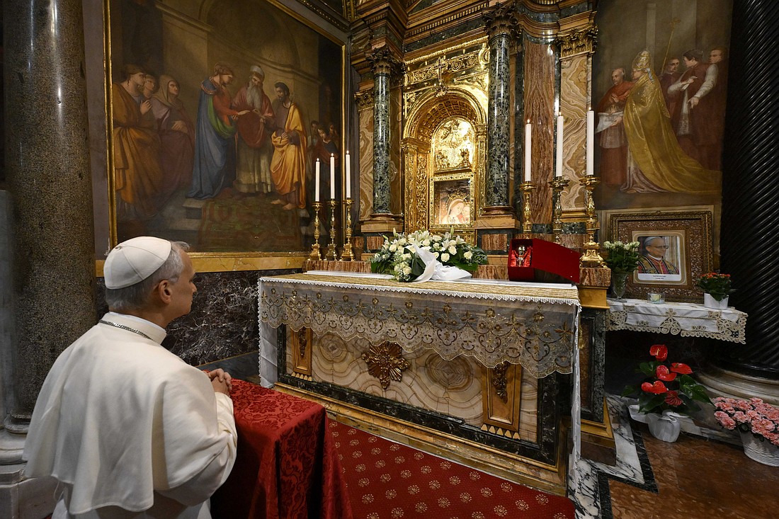 Pope Leo XIV prays in front of a fresco of Our Lady of Good Counsel at the shrine named after the image in Genazzano, Italy, southeast of Rome, May 10, 2025. The shrine, with a famous image of Mary, is run by the pope's Augustinian confreres. (CNS photo/Vatican Media)