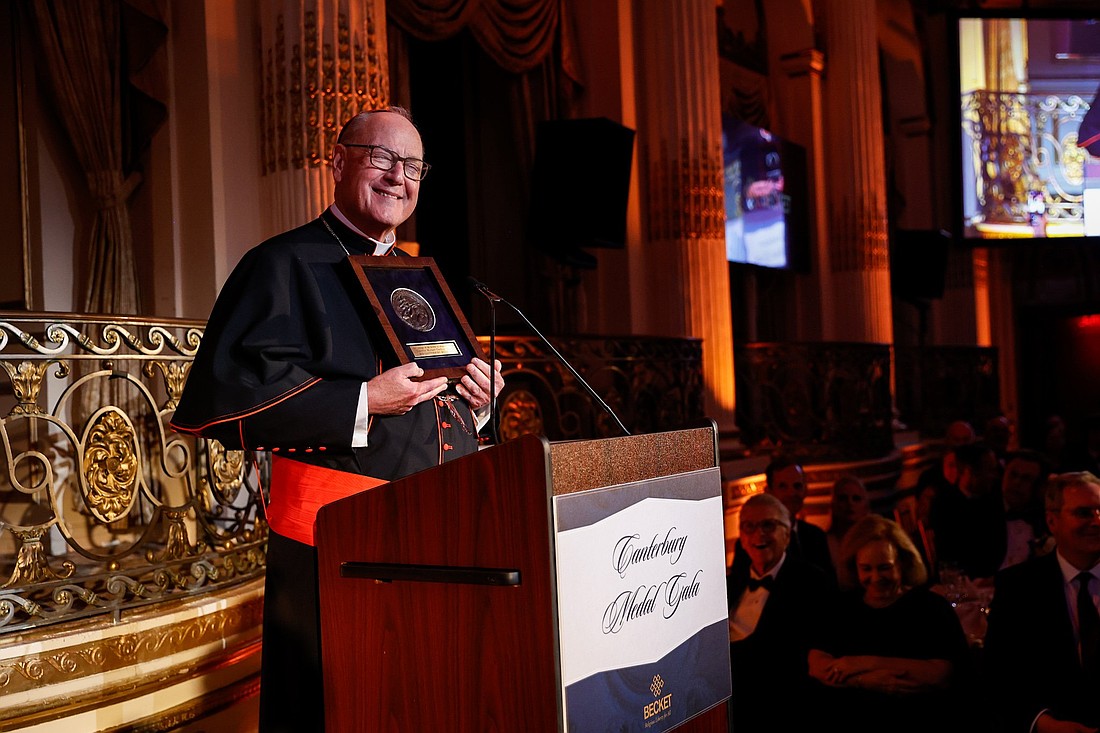 Cardinal Timothy M. Dolan of New York accepts the 2025 Canterbury Medal from Becket May 22, 2025, for his lifelong commitment to the cause of religious liberty. Becket, a Washington-based nonprofit public interest law firm that has won several high-profile court cases on religious liberty, based in presented the award to Cardinal Dolan at its annual gala at The Plaza in Midtown Manhattan. (OSV News photo/Joel Sheakoski, courtesy of Becket)