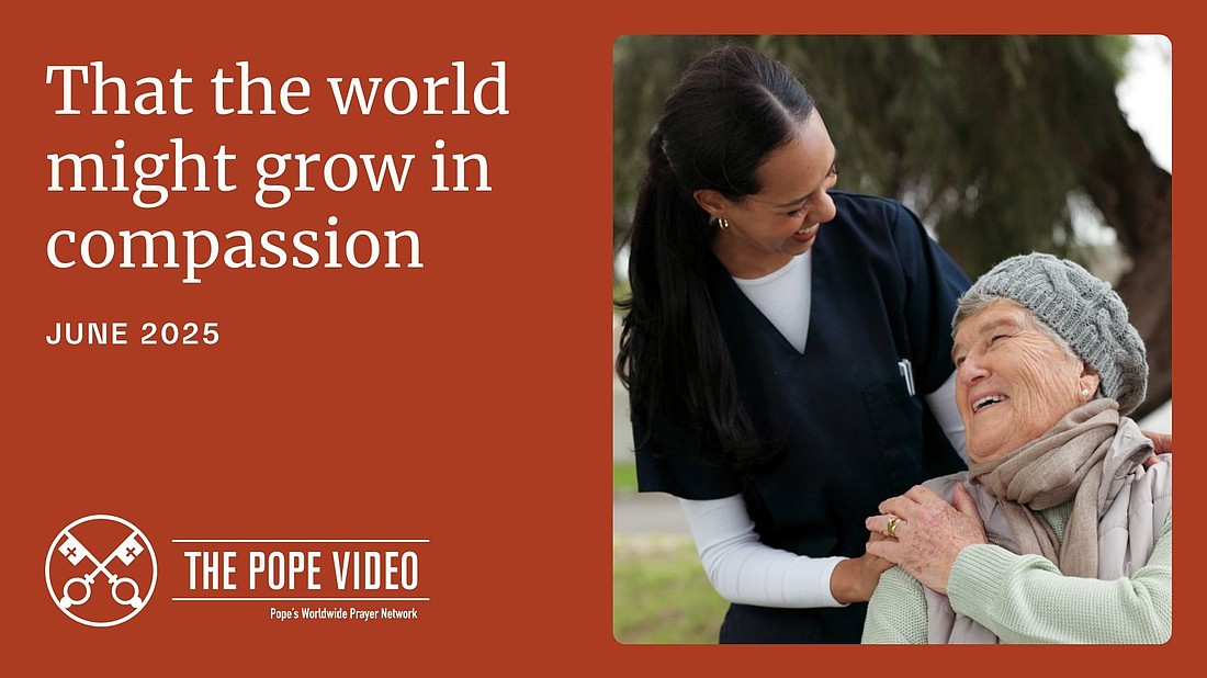 The opening slide of "The Pope Video" for June is seen with Pope Leo XIV's prayer intention for the month: "That the world might grow in compassion." The video was released at the Vatican June 3, 2025. (CNS photo/courtesy Pope's Worldwide Prayer Network)