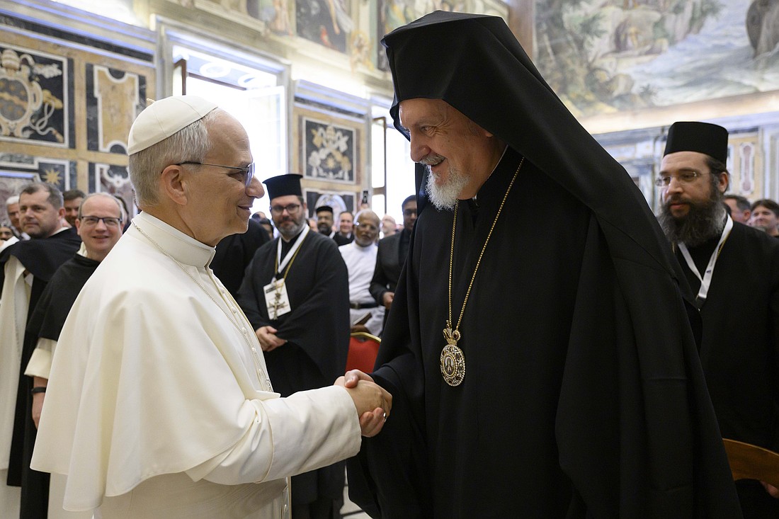 Pope Leo XIV greets Orthodox Metropolitan Emmanuel of Chalcedon, a bishop of the Orthodox Ecumenical Patriarchate, during a meeting in the Apostolic Palace at the Vatican June 7, 2025, with participants attending a conference on the ecumenical implications of the 1,700th anniversary of the Council of Nicaea. (CNS photo/Vatican Media)