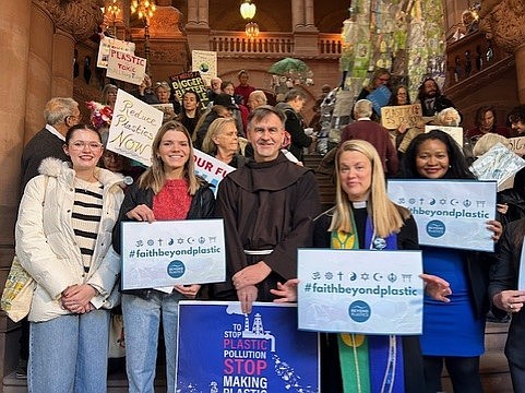 Brother Jacek Orzechowski O.F.M., Associate Director Laudato Si Center for Integral Ecology, and Siena students at the New York State Capitol in support of New York State's efforts to curb plastic pollution. (Provided photo)