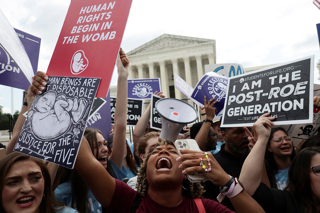 Pro-life demonstrators in Washington celebrate outside the U.S. Supreme Court June 24, 2022, as the court overruled its landmark Roe v. Wade abortion precedent in its Dobbs v. Jackson Women's Health Organization ruling. The case involved a Mississippi law banning most abortions after 15 weeks. (OSV News photo/Evelyn Hockstein, Reuters)