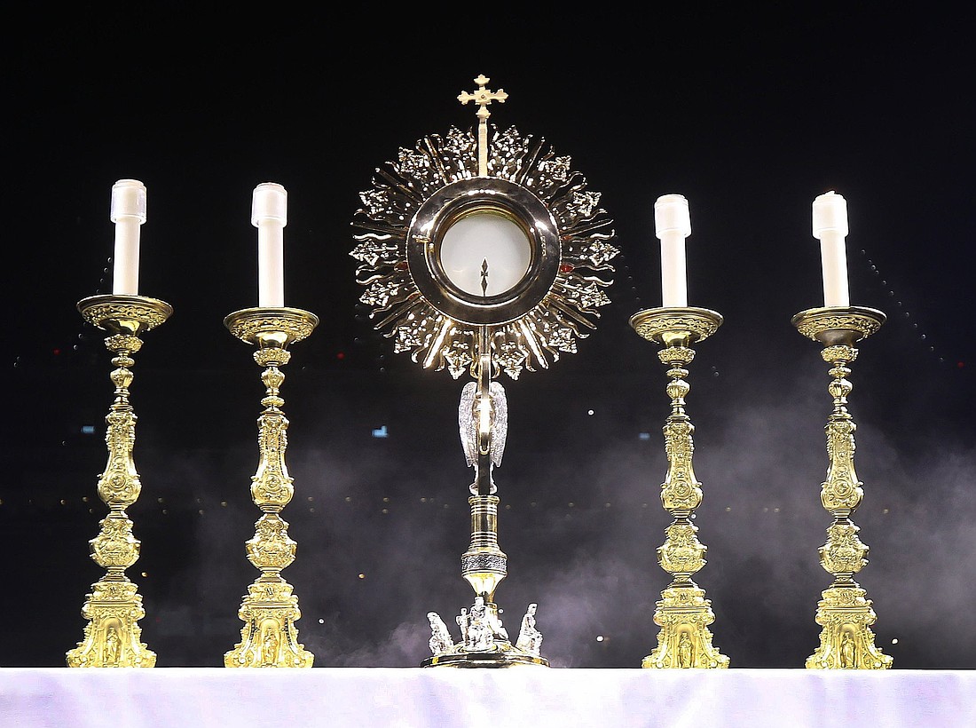 The monstrance is pictured during Eucharistic adoration at the July 18, 2024, second revival night of the National Eucharistic Congress at Lucas Oil Stadium in Indianapolis. (OSV News photo/Bob Roller)
