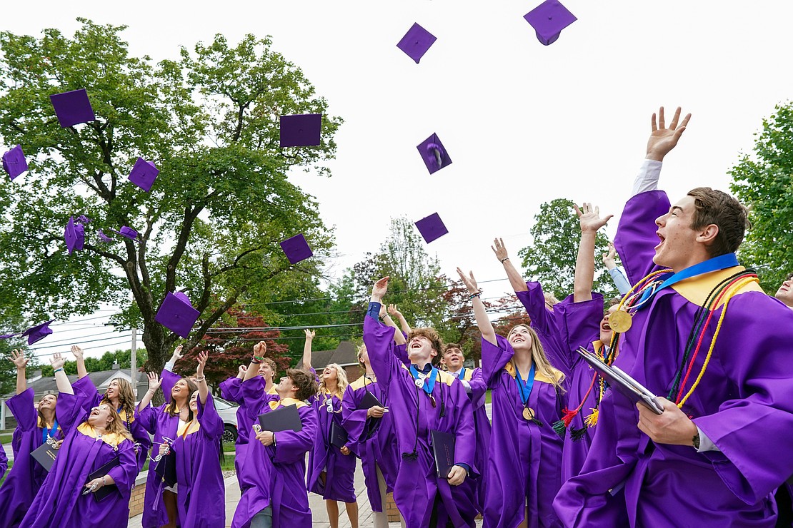 Graduates toss their caps following Saratoga Catholic Central’s commencement exercises on Friday June 27, 2024, at St. Clement’s Church in Saratoga Springs, N.Y.  Cindy Schultz for The Evangelist