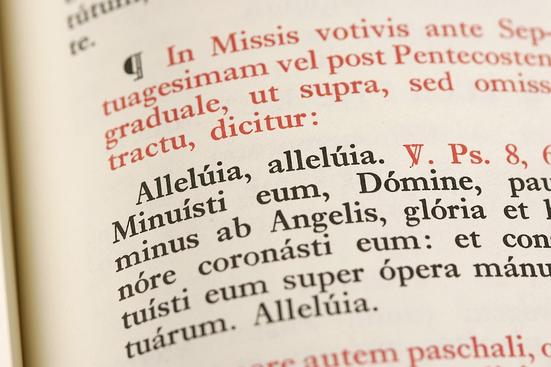 Shown is a detail of text in Latin from a page of the 1962 Roman Missal. (OSV News file photo/Nancy Wiechec)