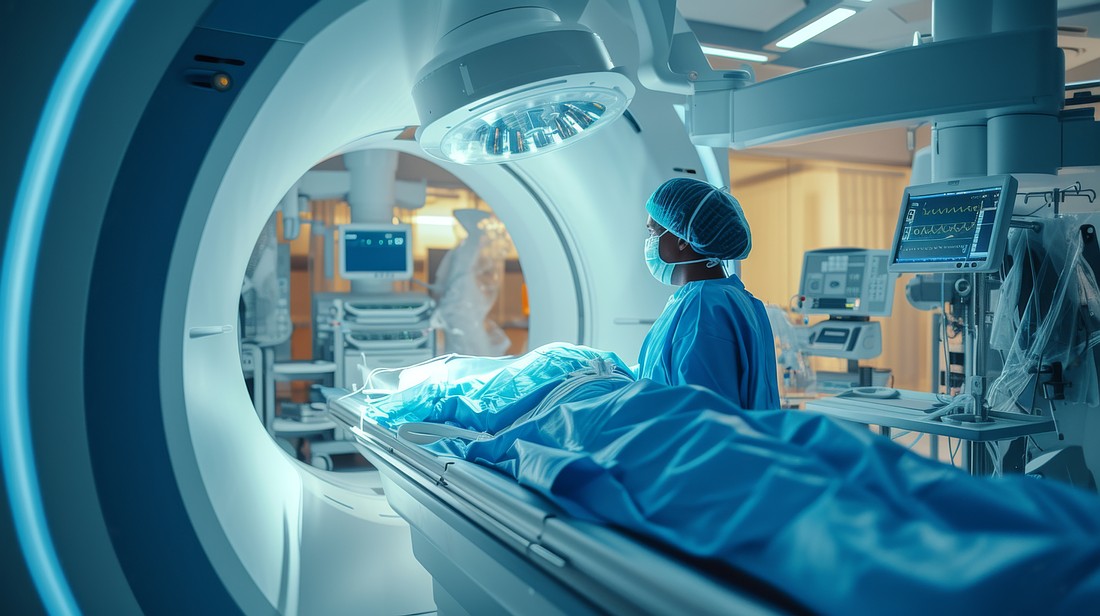 An interventional radiology surgeon performs a catheter-based treatment using X-ray visualization