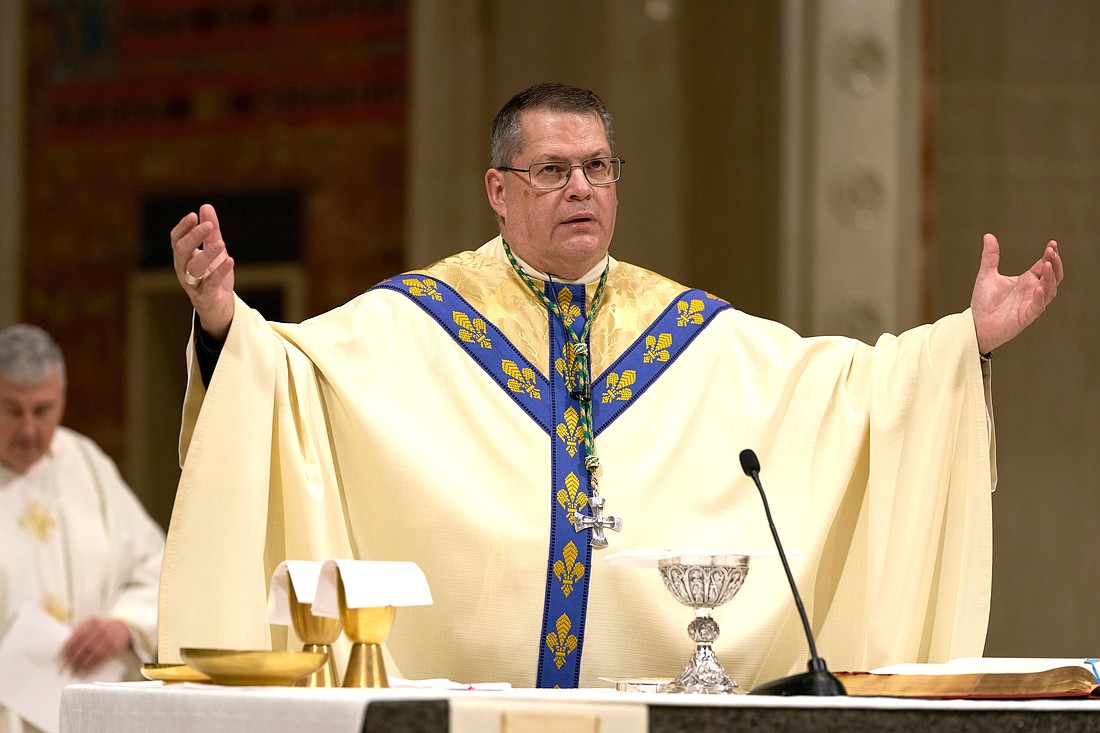 Bishop Douglas J. Lucia of Syracuse, N.Y., celebrates Mass at the Cathedral of the Immaculate Conception in Syracuse May 9, 2025. Bishop Lucia announced Aug. 9 that he will take on extra duties as pastor of three parishes in the Baldwinsville pastoral care area of the diocese. (OSV News photo/Chuck Wainwright, courtesy The Catholic Sun)