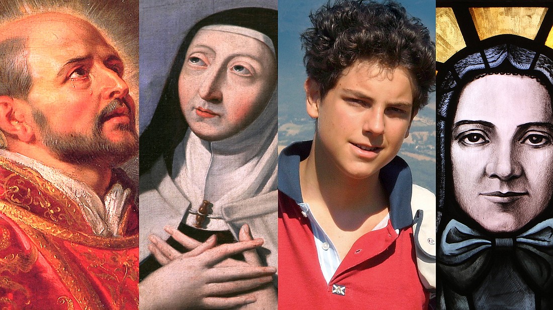 The process for how one becomes a saint - Blessed Carlo Acutis and Blessed Pier Giorgio Frassati are scheduled to be canonized on Sept. 7 - has changed greatly in the last 2,000 years to a more centralized approach that proceeds in three phases. The saints shown in the four photos are (from l.): St. Ignatius of Loyola, founder of the Society of Jesus, St. Teresa of Avila, mystic and founder of the Discalced Carmelites, and the first female declared doctor of the church, Acutis and St. Frances Xavier Cabrini, patron of immigrants.  (OSV News photos)