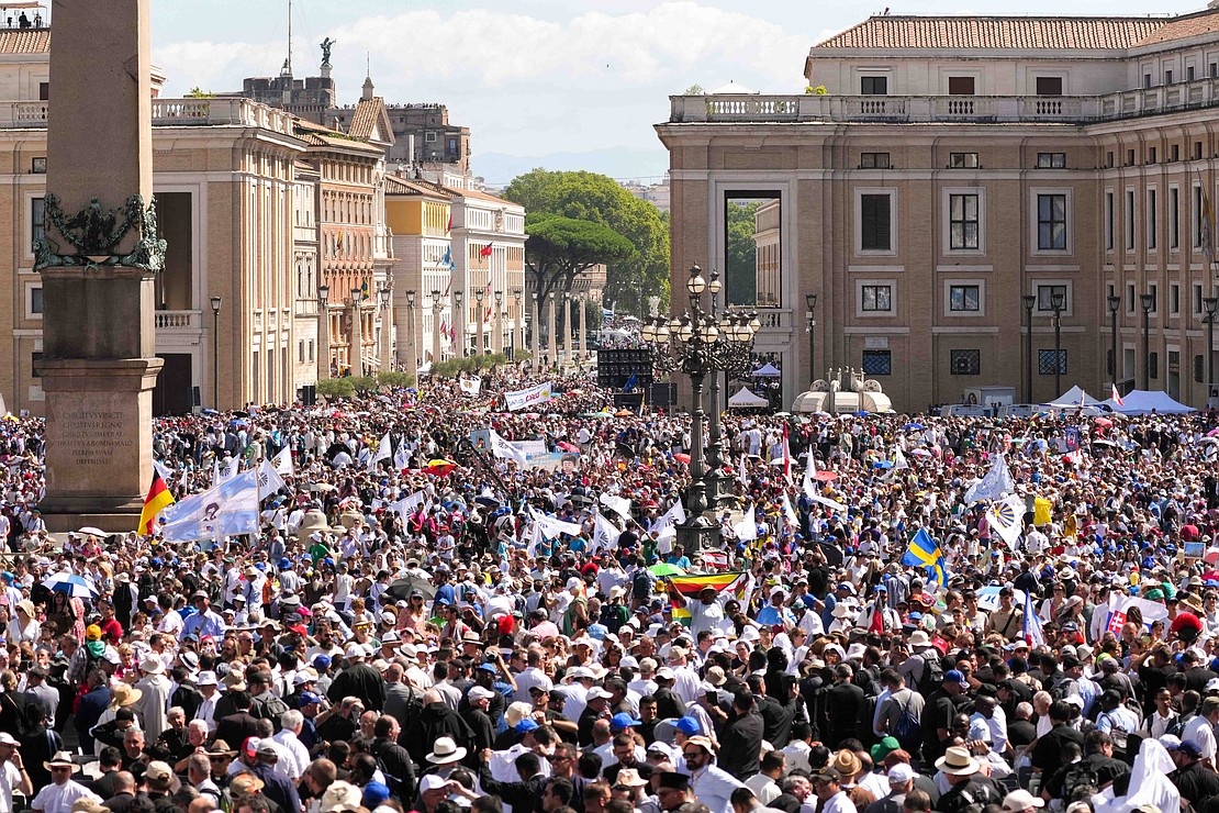 More than 80,000 people gather in St. Peter’s Square and the wide boulevard leading to it for the canonization Mass for Sts. Pier Giorgio Frassati and Carlo Acutis celebrated by Pope Leo XIV at the Vatican Sept. 7, 2025. (CNS photo/Lola Gomez)
