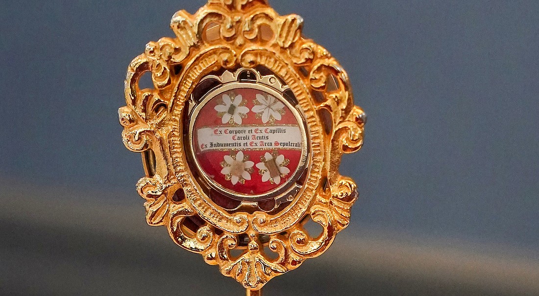 A reliquary containing the remains of then-Blessed Carlo Acutis is on display during the International Exhibit of Eucharistic Miracles at the Church of the Immaculate Conception in Glenville last February. St. Joseph’s in Scotia will house a first-class relic with veneration expected to start next month. (Cindy Schultz photo for The Evangelist)