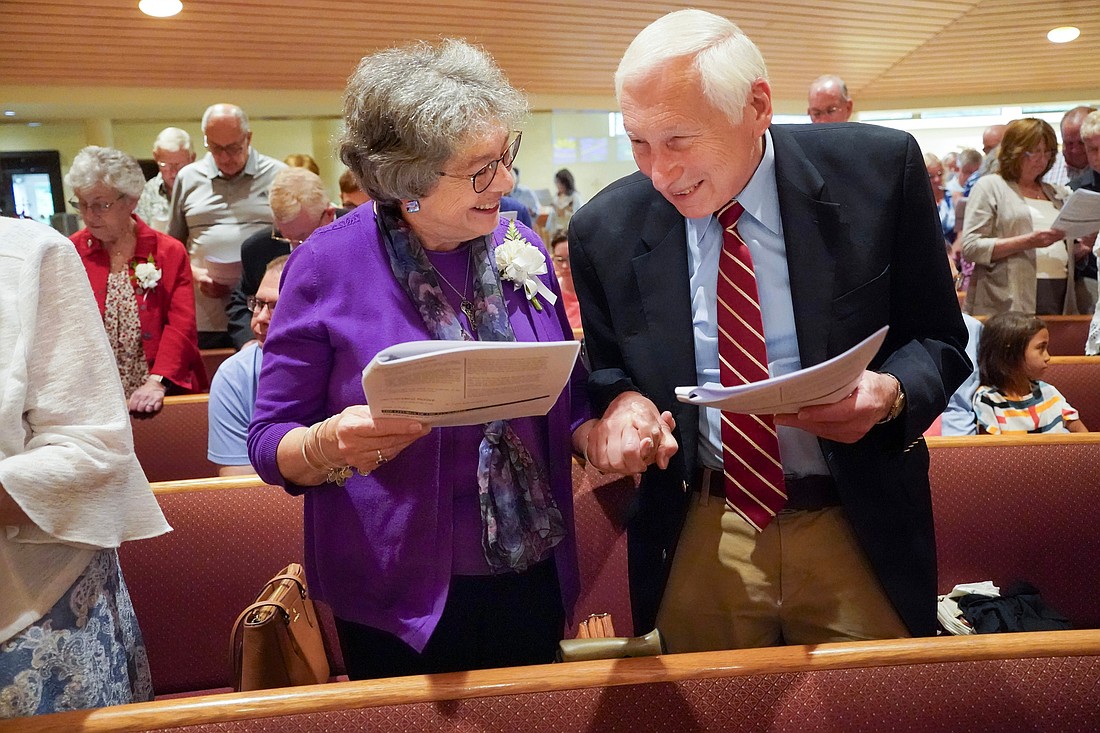 Sharon and Charles Maneri, who’ve been married 57 years, smile at each other as they recite the Revewal of Vows during the 53rd Diocesan Marriage Jubilee mass on Sunday, Sept. 14 2025, at Christ Our Light Catholic Church in Colonie, N.Y. Cindy Schultz for The Evangelist