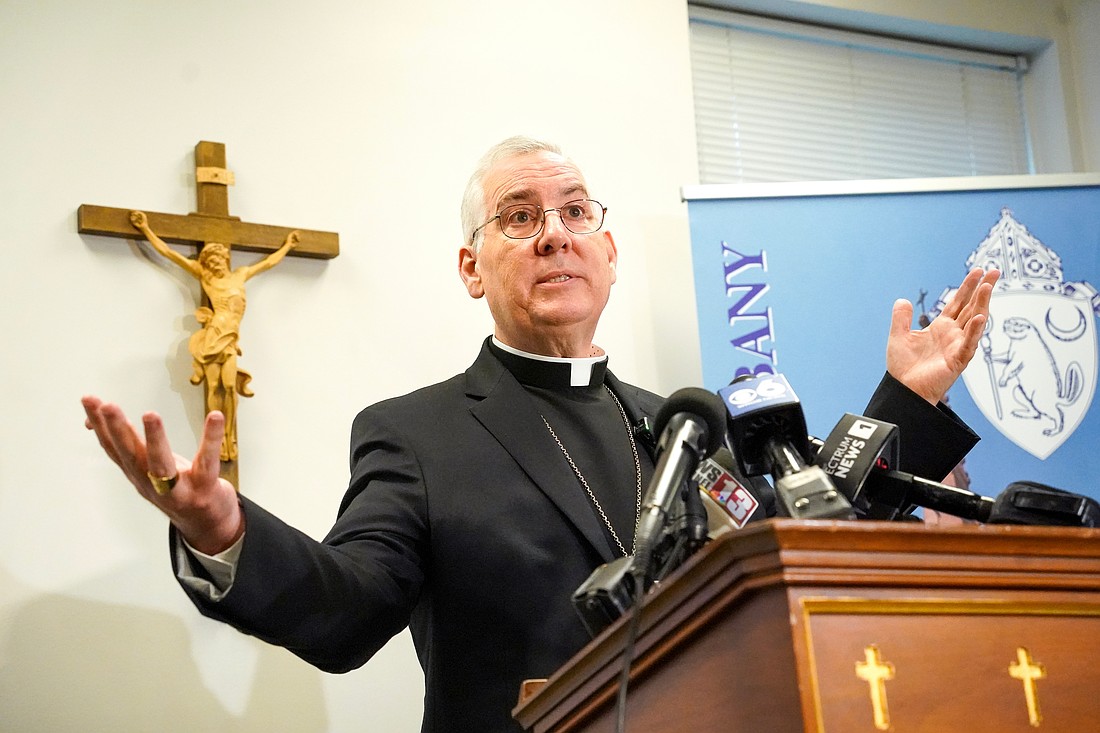 Bishop Mark O’Connell, newly named 11th bishop of the Albany Diocese, holds a news conference on Monday, Oct. 20, 2025, at the Pastoral Center in Albany, N.Y.  Cindy Schultz for The Evangelist