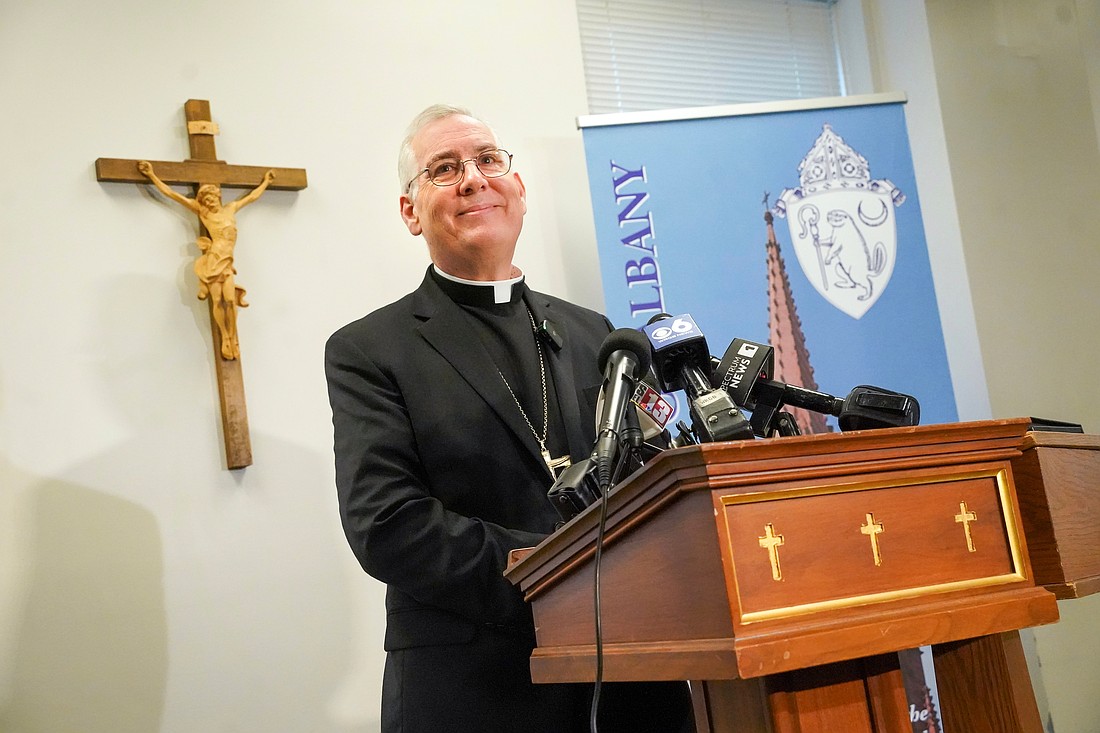Bishop Mark O’Connell, newly named 11th bishop of the Albany Diocese, holds a news conference on Monday, Oct. 20, 2025, at the Pastoral Center in Albany, N.Y. Cindy Schultz for The Evangelist