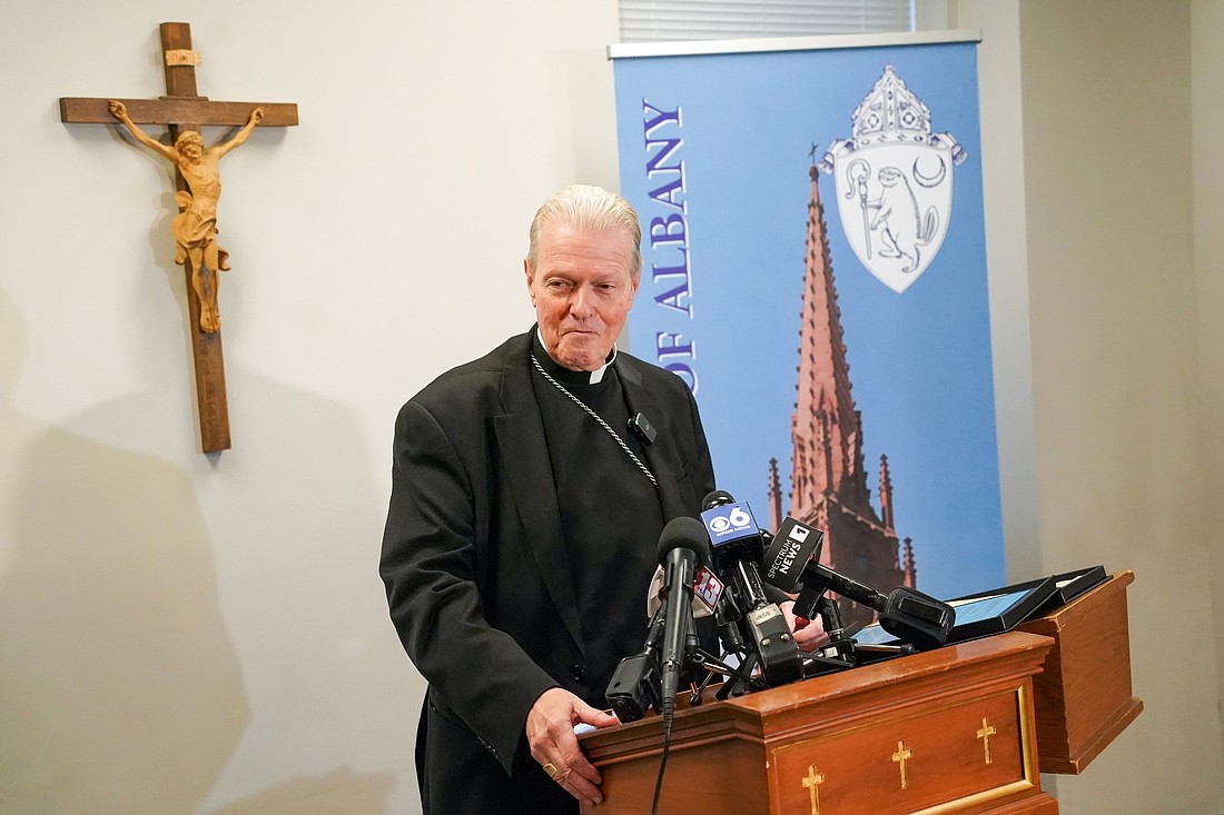 Outgoing Bishop Edward B. Scharfenberger speaks during a news conference to introduce incoming Bishop Mark O’Connell on Monday, Oct. 20, 2025, at the Pastoral Center in Albany, N.Y.  Cindy Schultz for The Evangelist