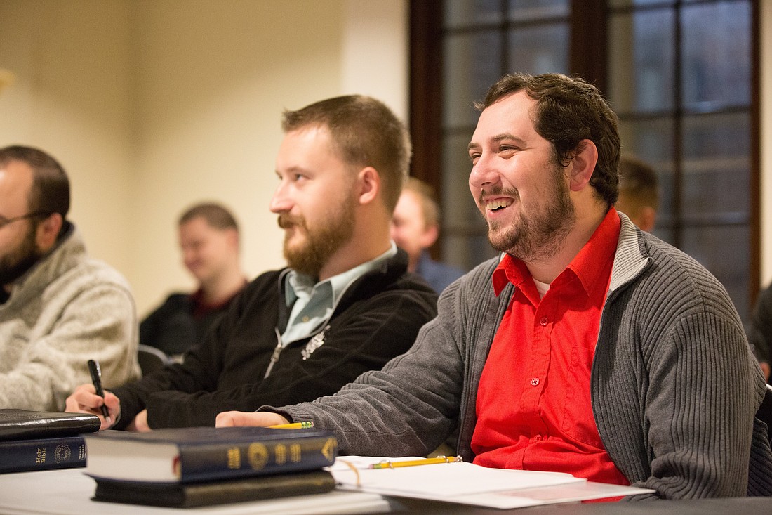 In this undated photo, Jordan Danielson, left, of the Diocese of Winona-Rochester, Minn., and Peter Specht of the Diocese of Duluth, Minn., participate in some classwork as part of their propaedeutic year at the St. Paul Seminary in St. Paul, Minn. (OSV News photo/courtesy The Catholic Spirit)