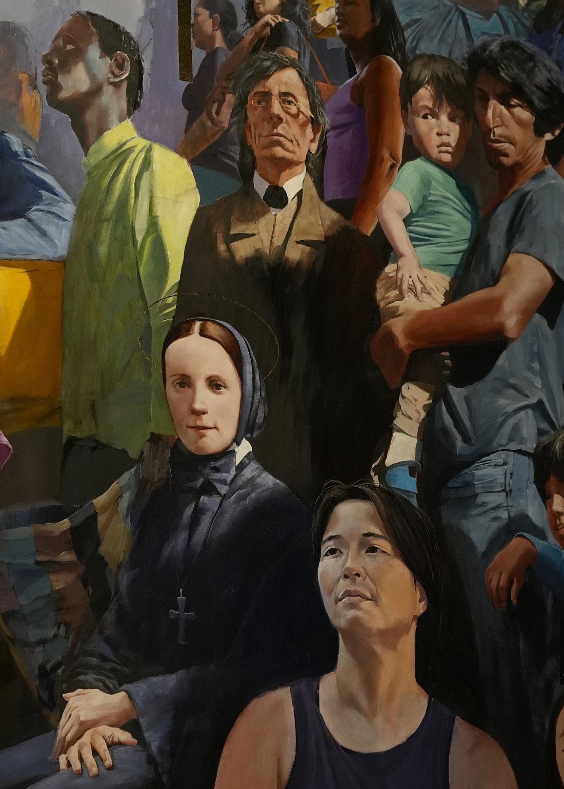 The 25-foot high mural at St. Patrick’s Cathedral that the Catholic Bishops of New York State reference in their statement is titled “What's So Funny About Peace, Love, and Understanding,” and was painted by Brooklyn artist Adam Cvijanovic. The mural depicts the apparition at Knock in Ireland, along with New York saints, servants of God, immigrants and first responders. A young Saint Frances Xavier Cabrini is seen in the bottom left of this photo. (OSV News photos and Diane Bondareff/AP Content Services for the Archdiocese of New York)